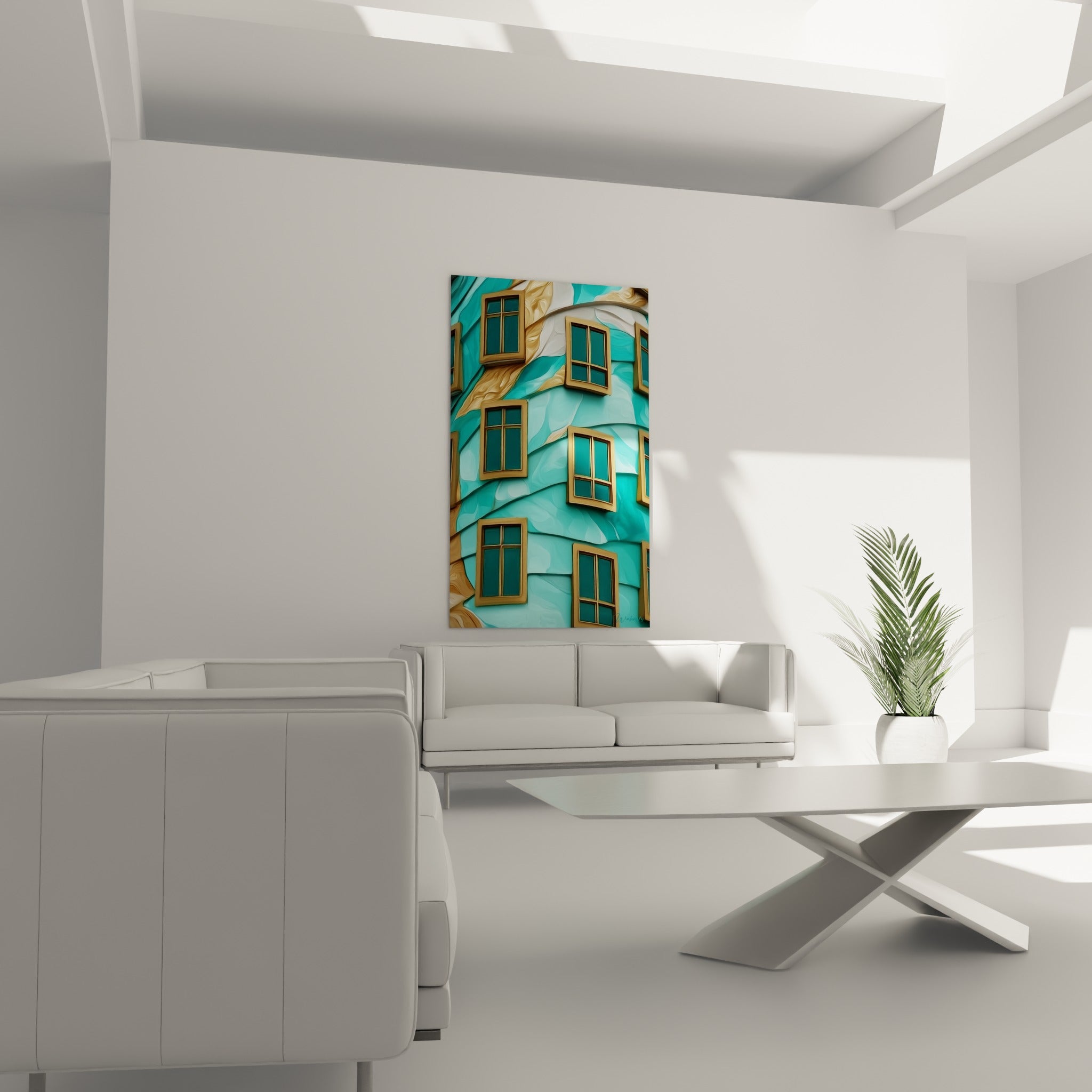 Façade turquoise et or aux lignes courbes, au-dessus d'un canapé dans un salon lumineux