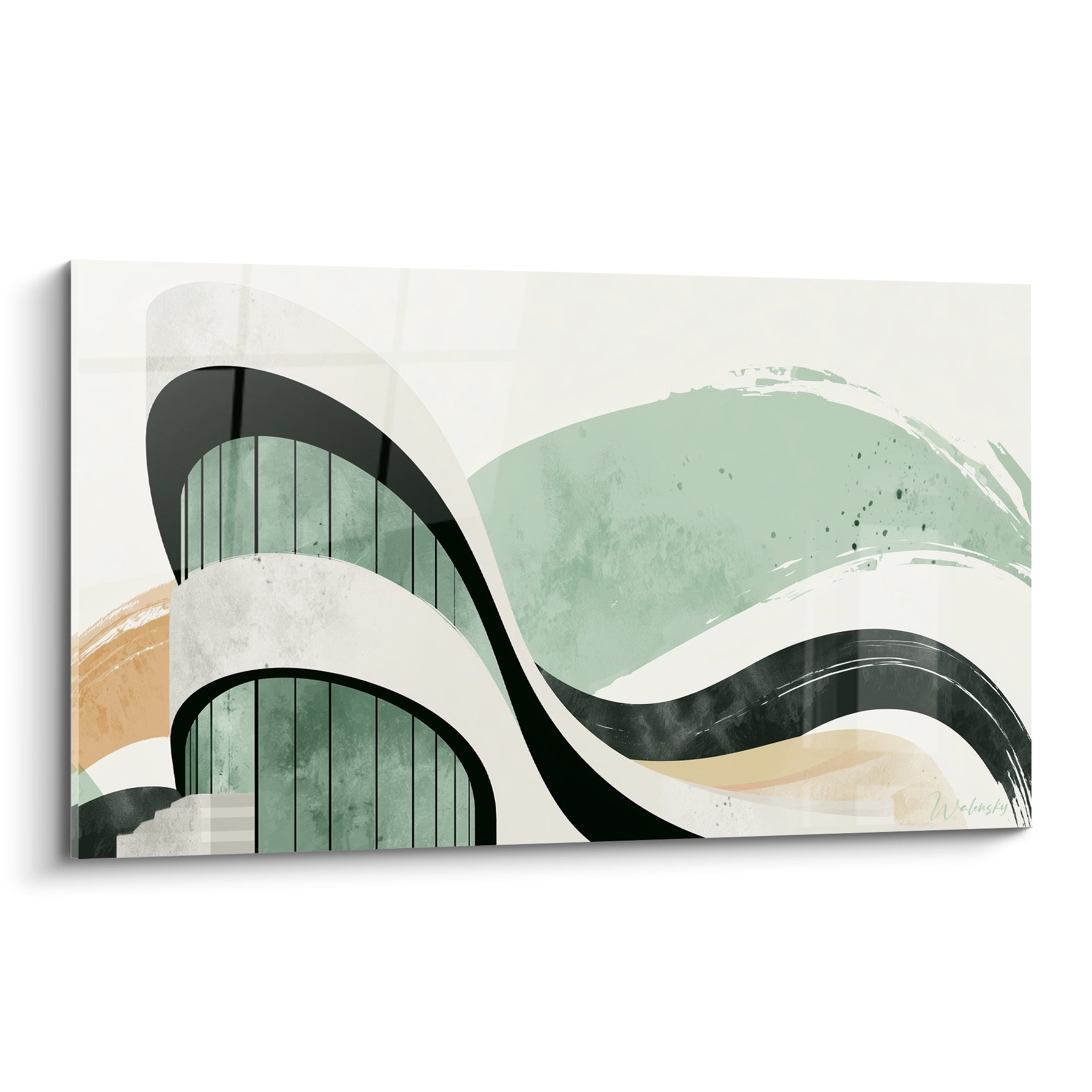Façade sinueuse verte et anthracite, tableau architecture abstrait aux courbes fluides et ocre pastel
