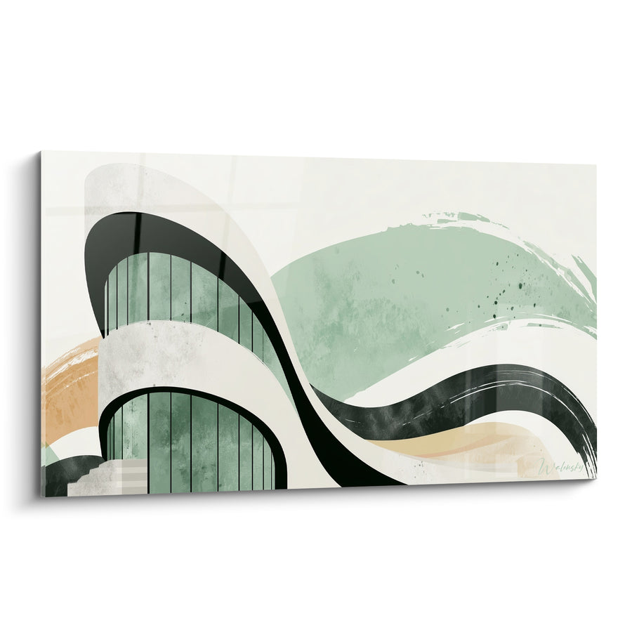 Tableau Façade sinueuse vert sauge et anthracite - Ondulation figée - Edition Architecture abstrait