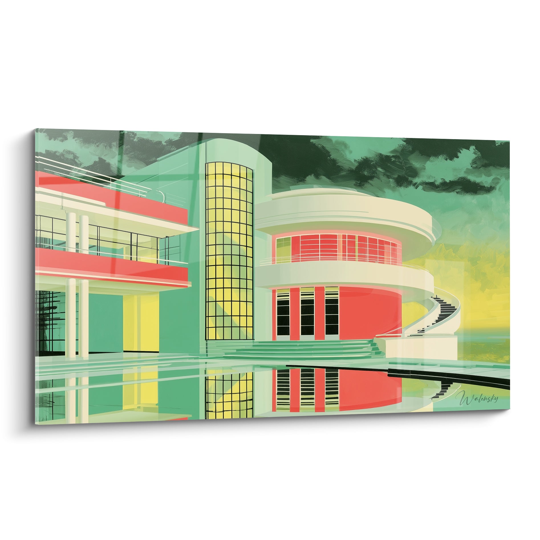 Villa Art déco corail et vert d'eau se reflétant sur un bassin, colonne vitrée dorée centrale