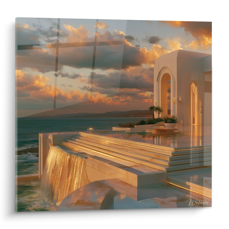 Tableau Villa marbrée dorée face à l'océan - Crépuscule sur la baie - Edition Architecture abstrait