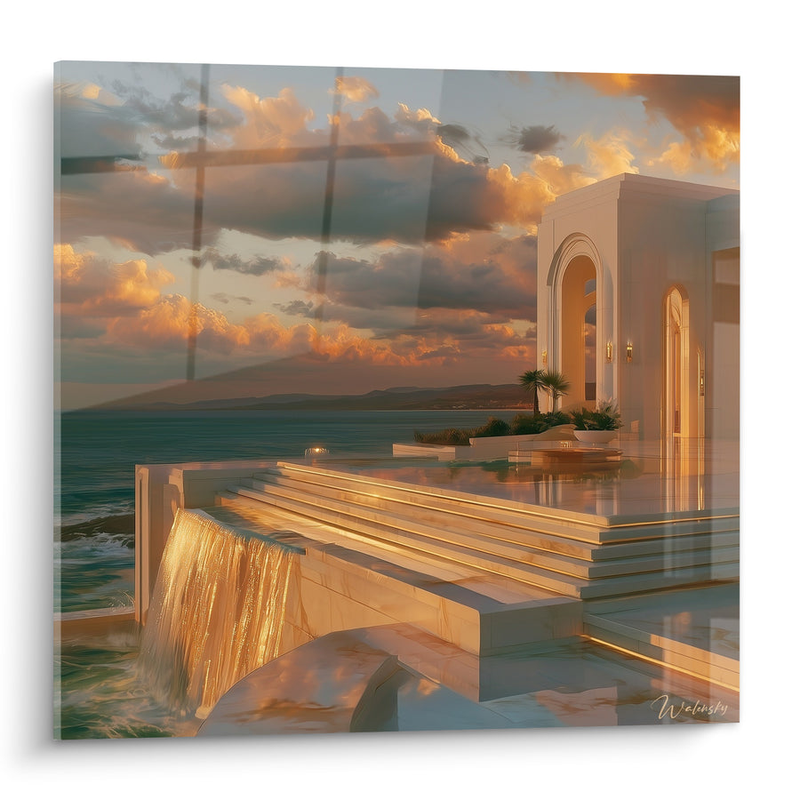 Gemälde Villa mit goldenem Marmor vor dem Ozean - Dämmerung über der Bucht - Architektur Edition abstrakte Kunst