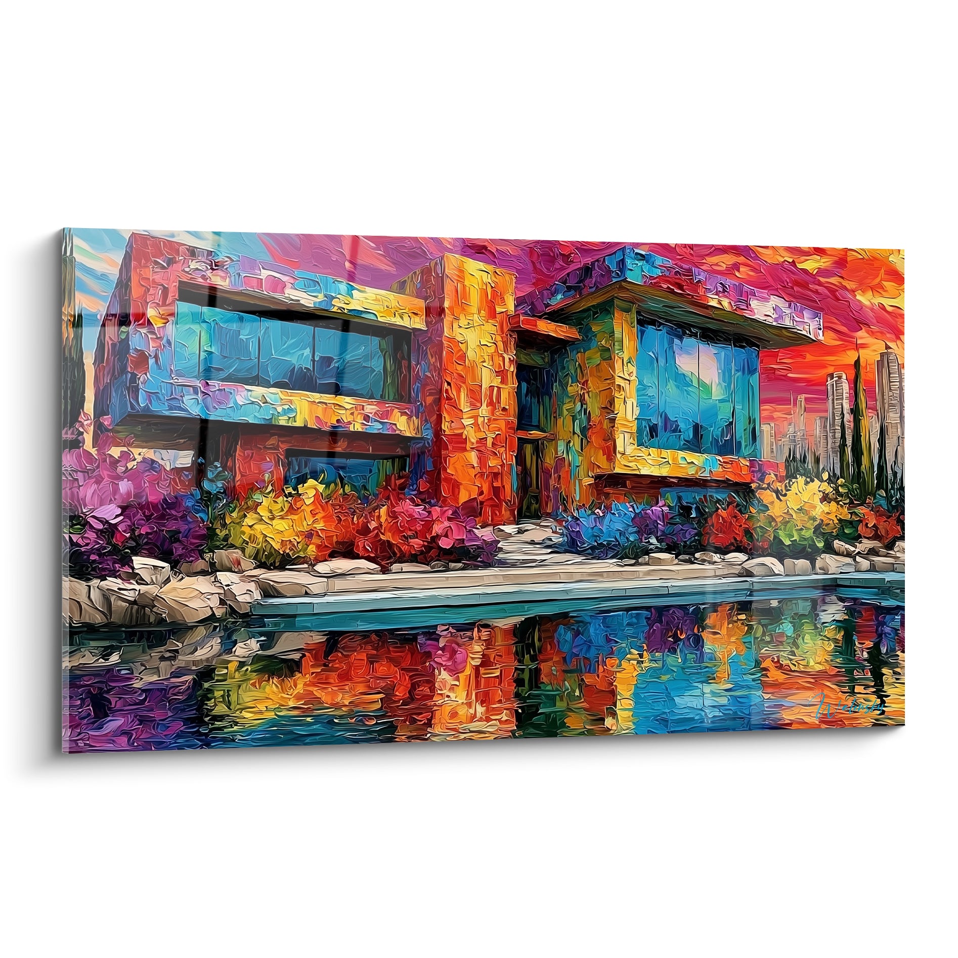 Villa moderne aux façades orange et bleu turquoise, ciel violet, style pictural au couteau expressif