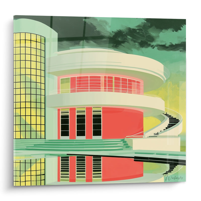 Tableau Bâtiment incurvé rouge et jaune au bord de l'eau - Reflet moderniste - Edition Architecture abstrait