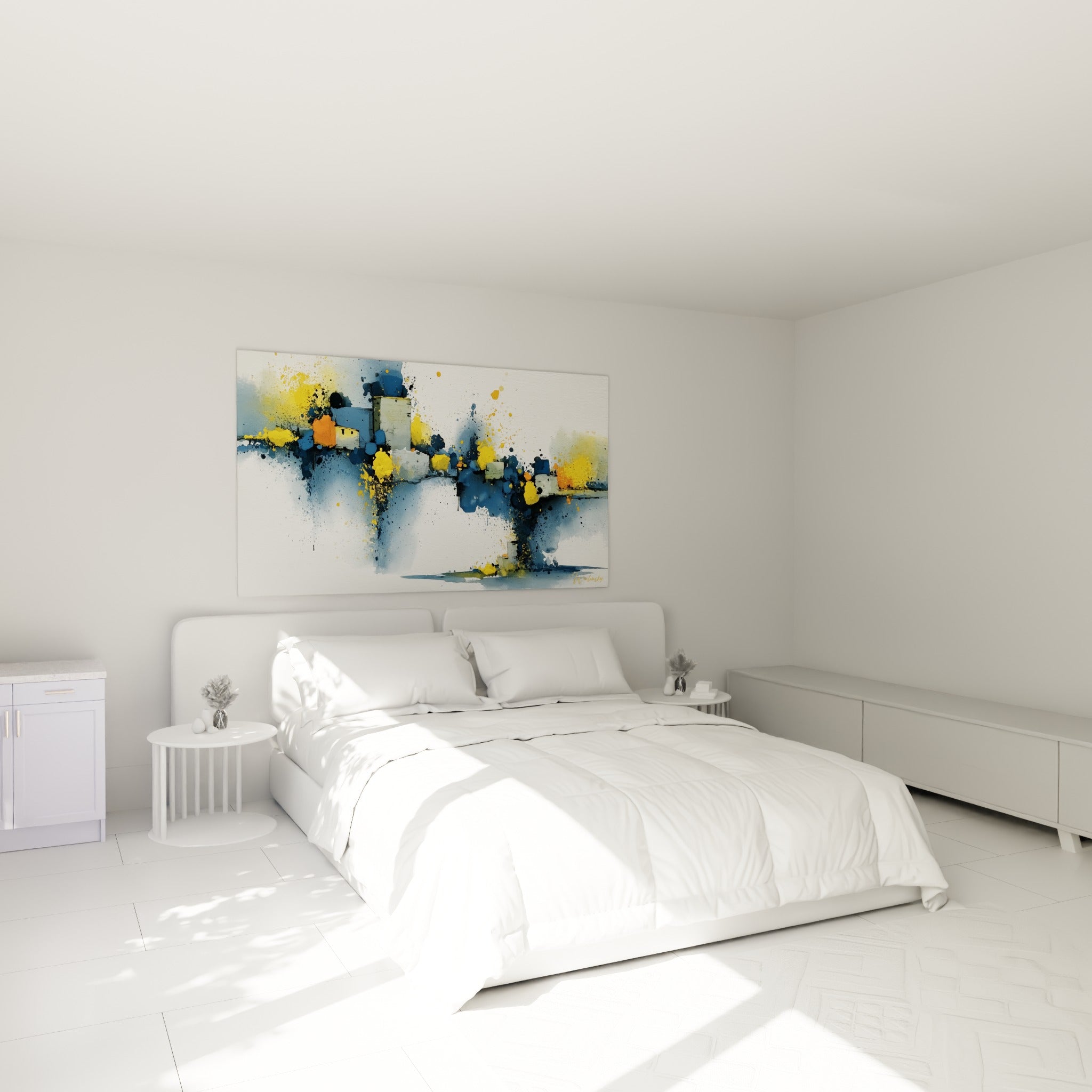 Bâtiments dissous en bleu marine et jaune ocre, tableau architecture abstrait au-dessus d'un lit dans une chambre claire