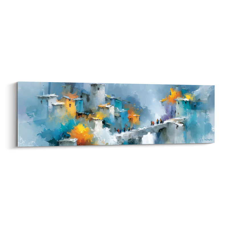 Tableau Village bleu et orangé aux silhouettes voyageuses - Traversée hivernale - Edition Architecture abstrait