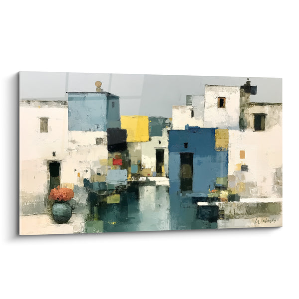 Cuadro Pueblo blanco con fachadas azul y amarillo - Silencio mediterráneo - Edición Arquitectura abstracta