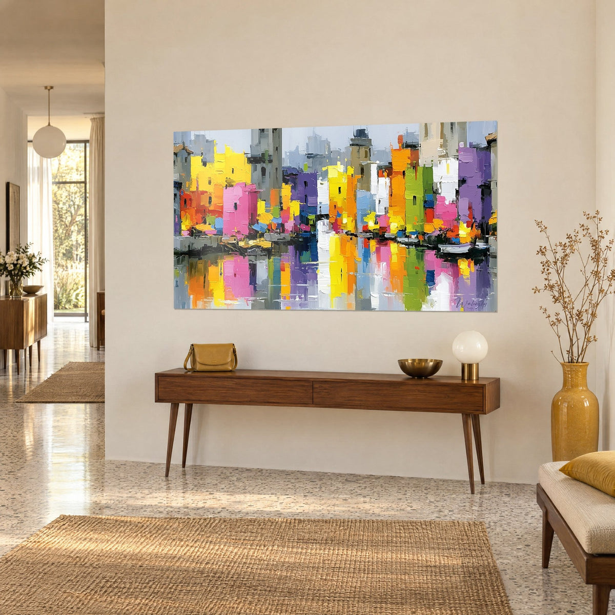 Tableau cité lacustre aux tours jaune soleil et violettes, coups de couteau épais, vue de trois-quarts sur console en bois