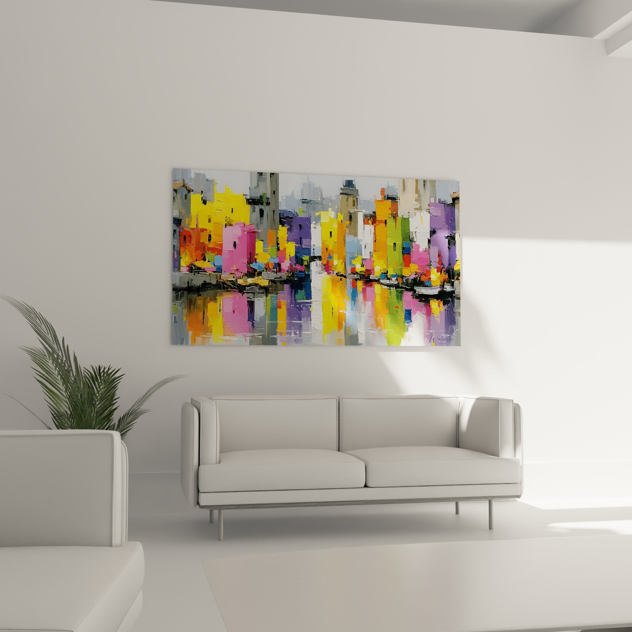 Village coloré rose et orange en peinture au couteau au-dessus d'un canapé dans un salon lumineux