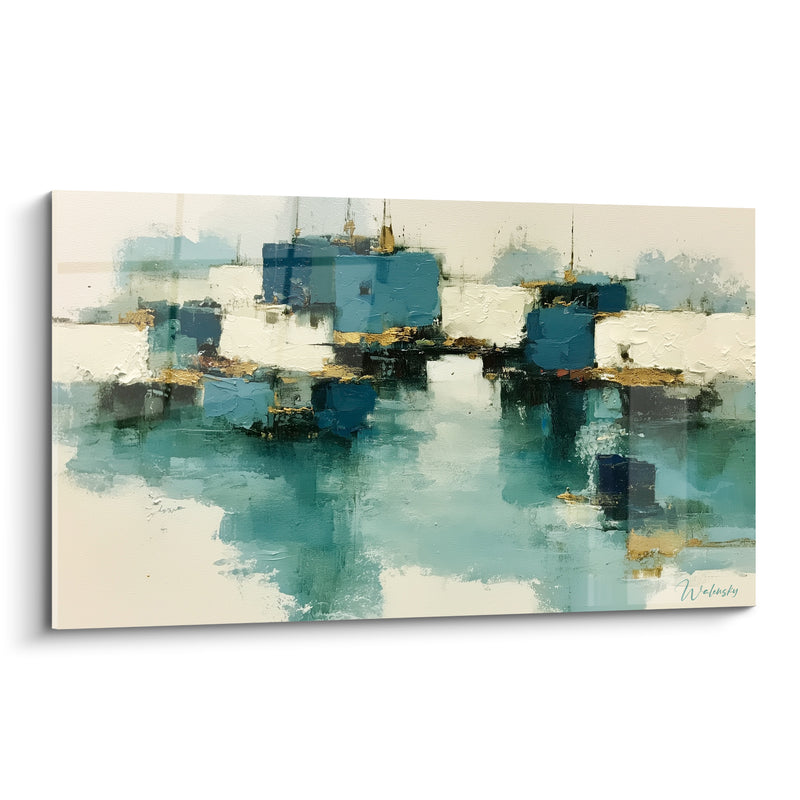 Gemälde Dorf am See in Petrolblau und Gold - Dunst auf dem Wasser - Edition Architektur abstrakt