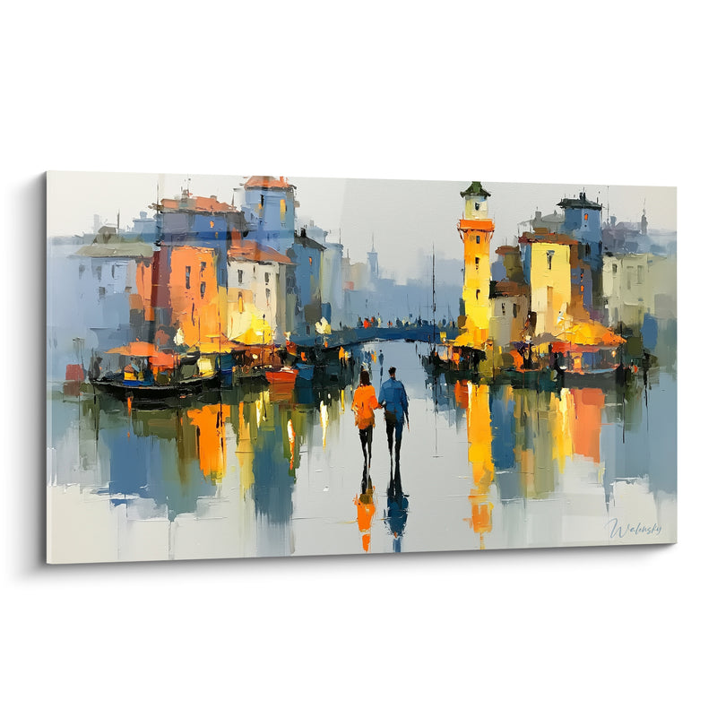 Tableau Phare orange et jaune sur canal miroitant - Couple marchant sur l'eau - Edition Architecture abstrait