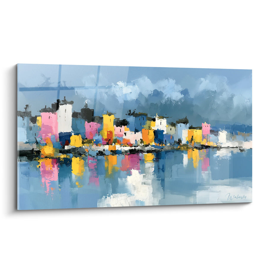 Gemälde Küstenort rosa und golden am Wasser - Hafenaufbruch - Architektur Edition abstrakt