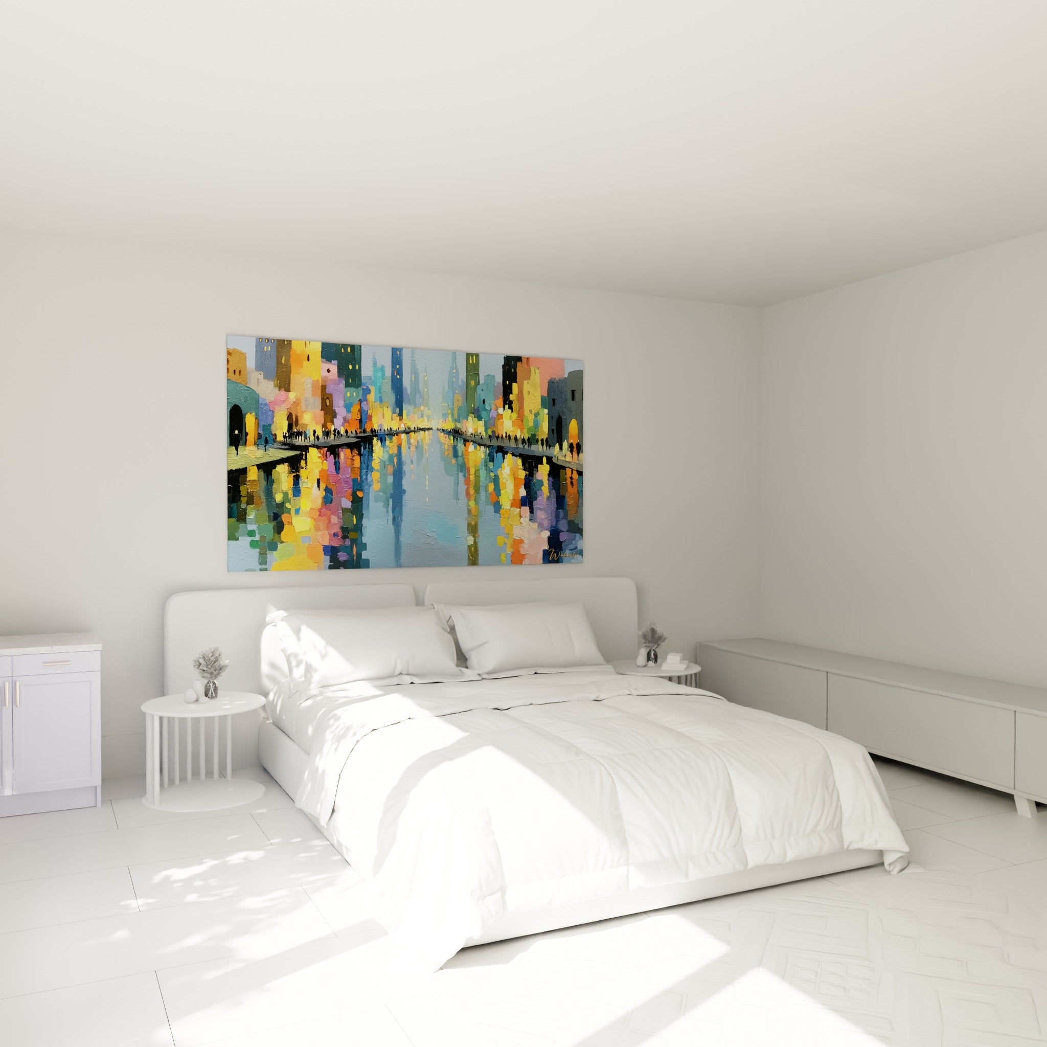 Rue au bord de l'eau, tons orangés et bleu ciel, tableau architecture abstrait au-dessus d'un lit dans une chambre claire