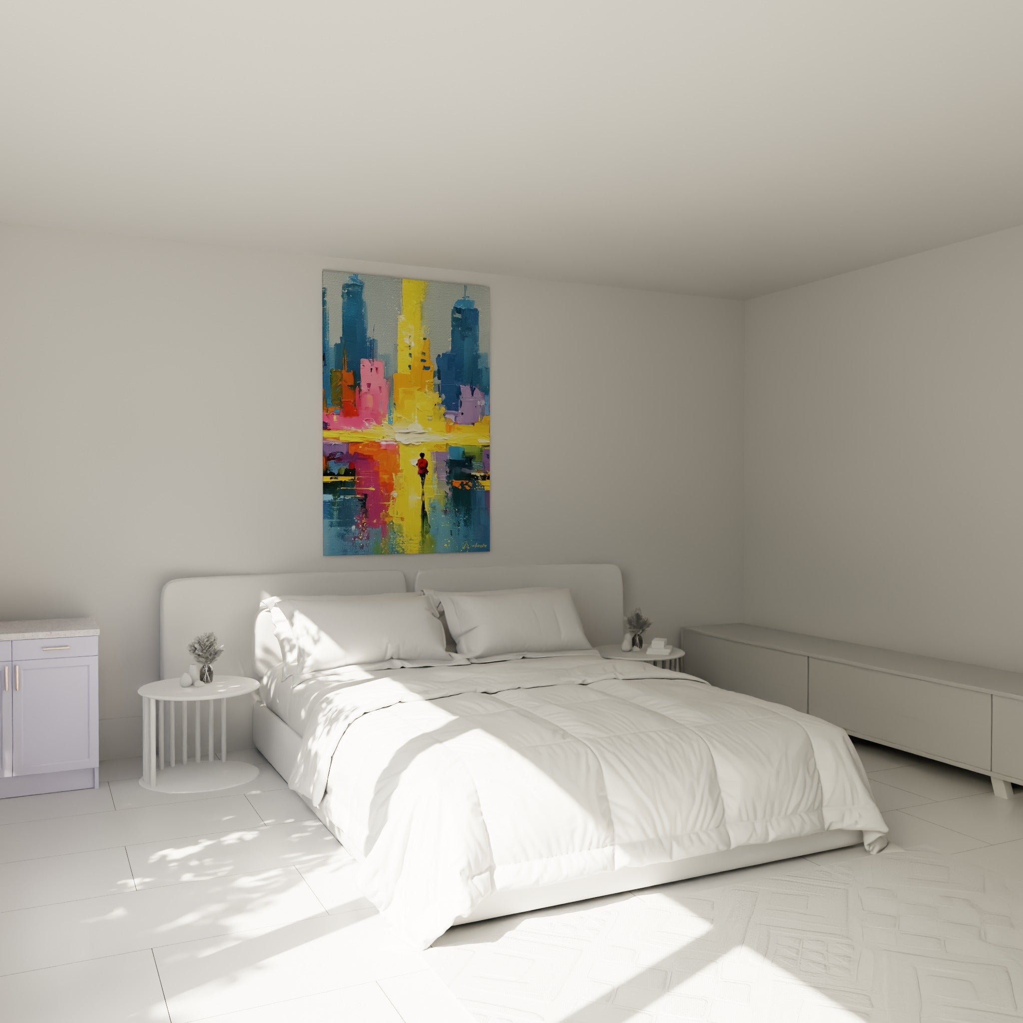 Gratte-ciels colorés de ce tableau architecture abstrait accroché au-dessus d'un lit dans une chambre claire