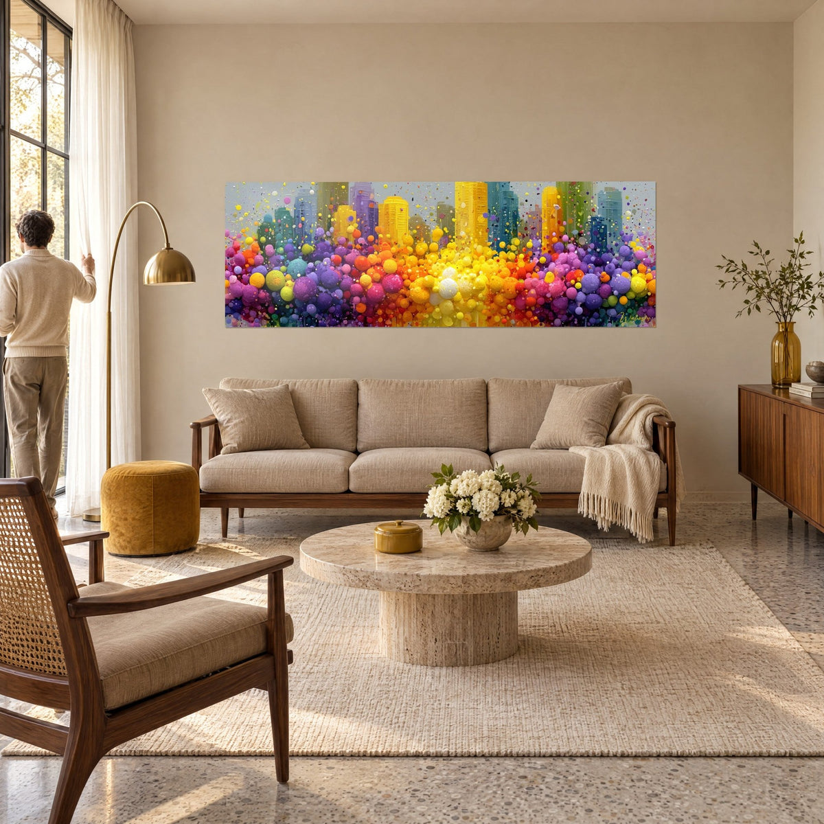 Wall art skyscrapers in yellow and mauve dotted with orange spheres, a man seen from behind by the picture window, above a sofa in a bright living room