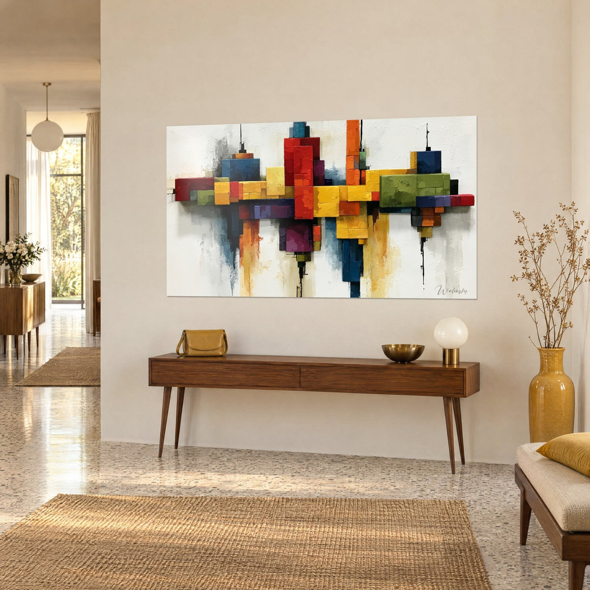 Tableau gratte-ciel stylisés en briques de peinture épaisse, vert mousse et orange brûlé, sur un mur beige près d'une console en bois