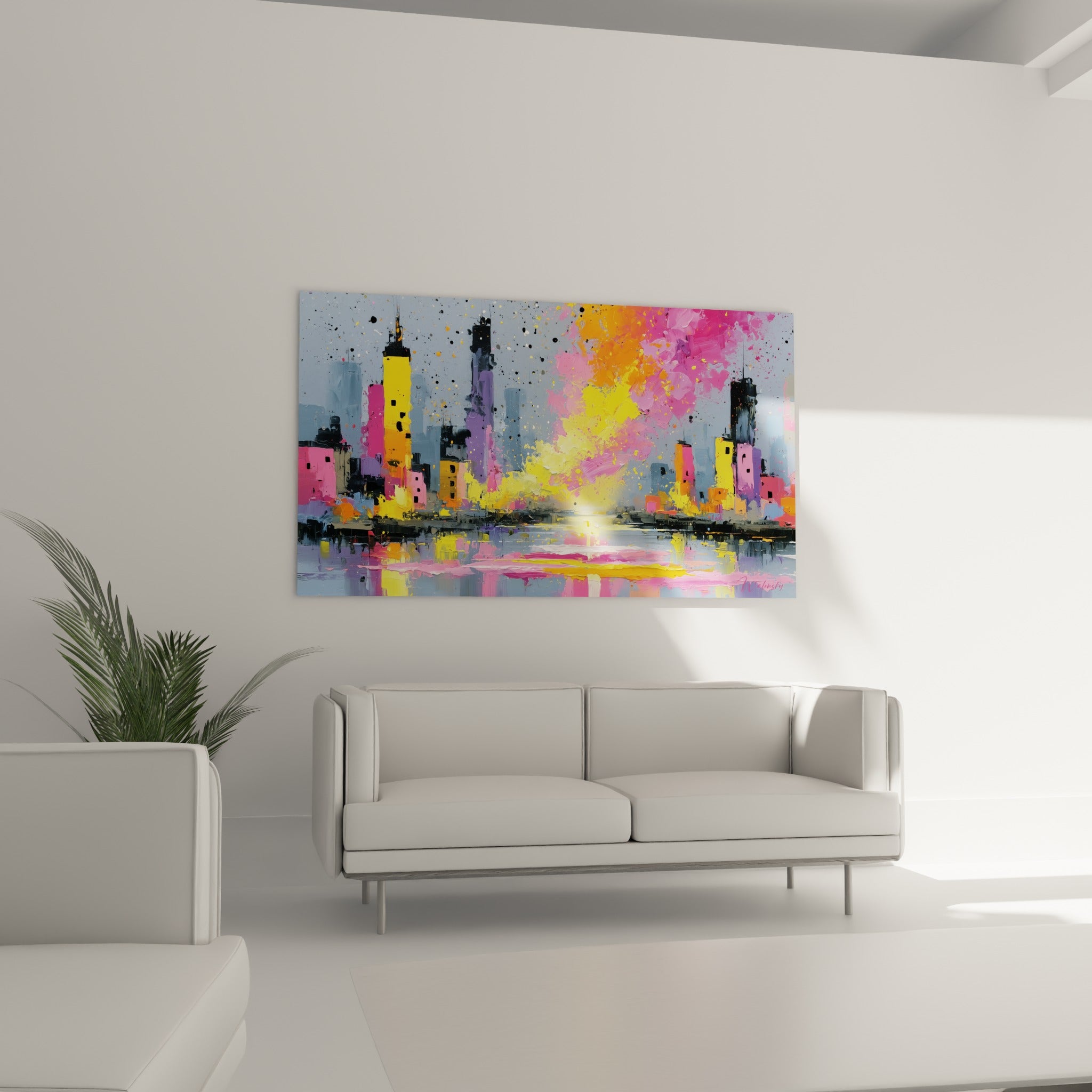 Ville abstraite aux tons dorés et fuchsia au-dessus d'un canapé dans un salon lumineux