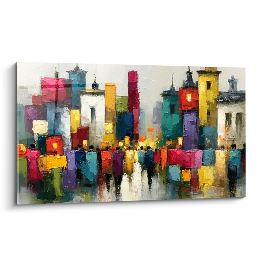 Gemälde Stadt mit Fuchsia- und Türkisfronten belebt - Lebendige Stadtszene - Architektur Edition Abstrakt