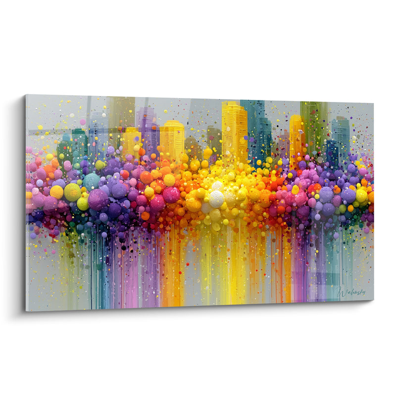 Tableau Gratte-ciel jaune et violet aux sphères ruisselantes - Explosion urbaine - Edition Architecture abstrait