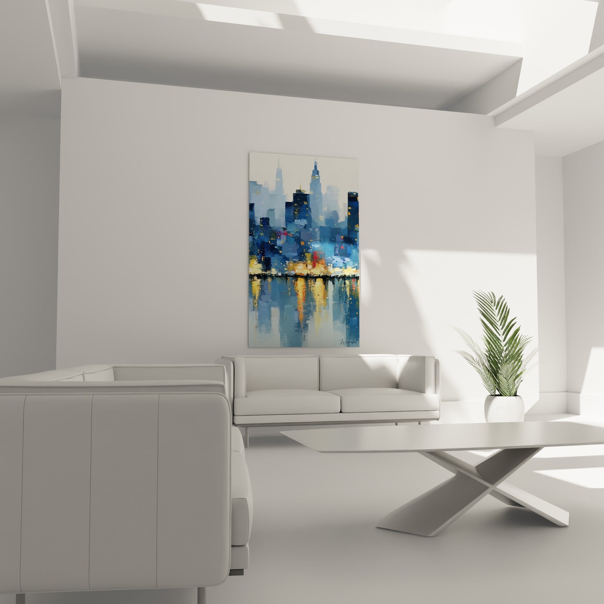Skyline nocturne bleu et orangée, tableau architecture abstrait au-dessus d'un canapé dans un salon lumineux