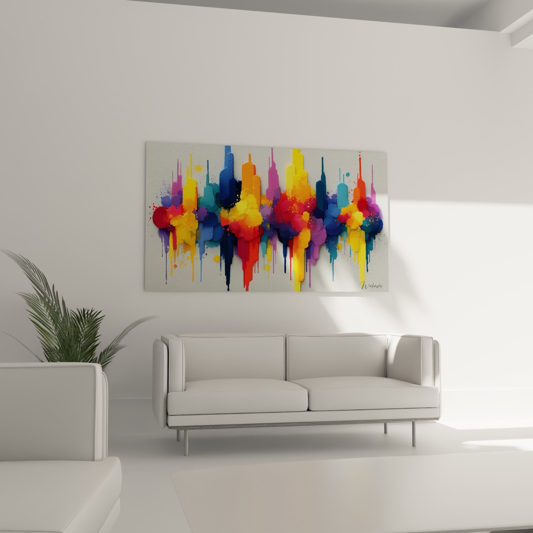 Composition urbaine orange et bleu turquoise en coulures verticales, au-dessus d'un canapé dans un salon lumineux