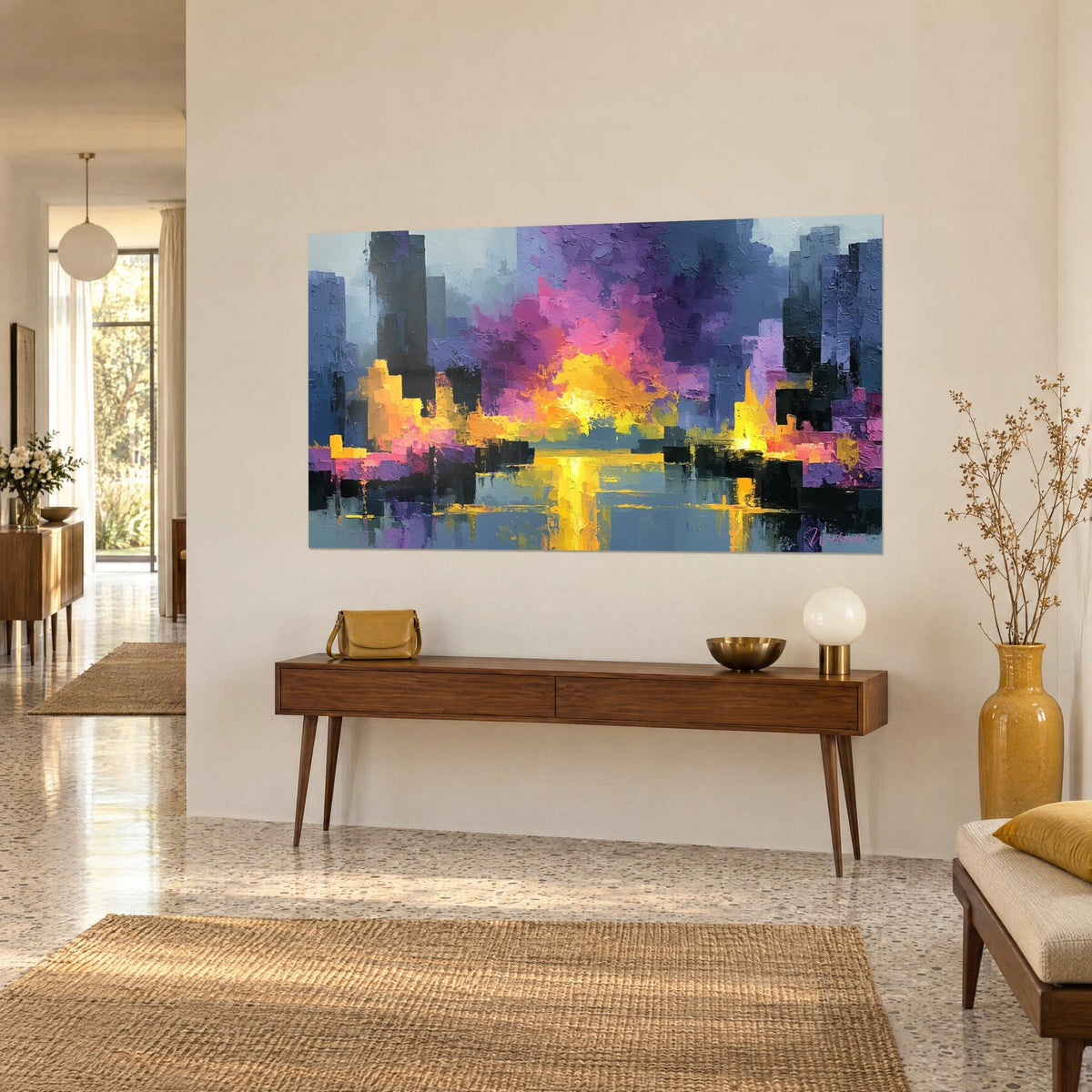 Tableau gratte-ciel violets et or en coups de couteau, reflets sur l'eau grise, au-dessus d'une console en bois