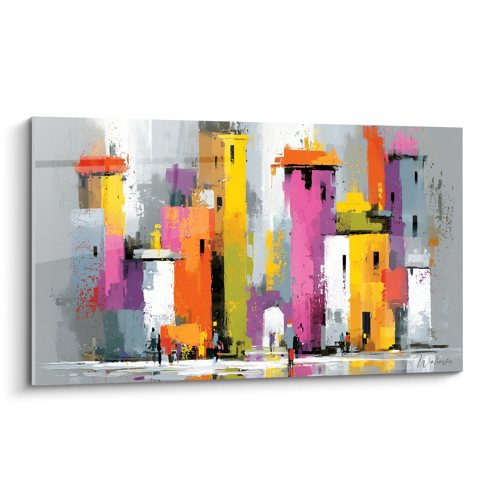 Gratte-ciel stylisés rose fuchsia et jaune ocre peints en touches épaisses sur fond gris