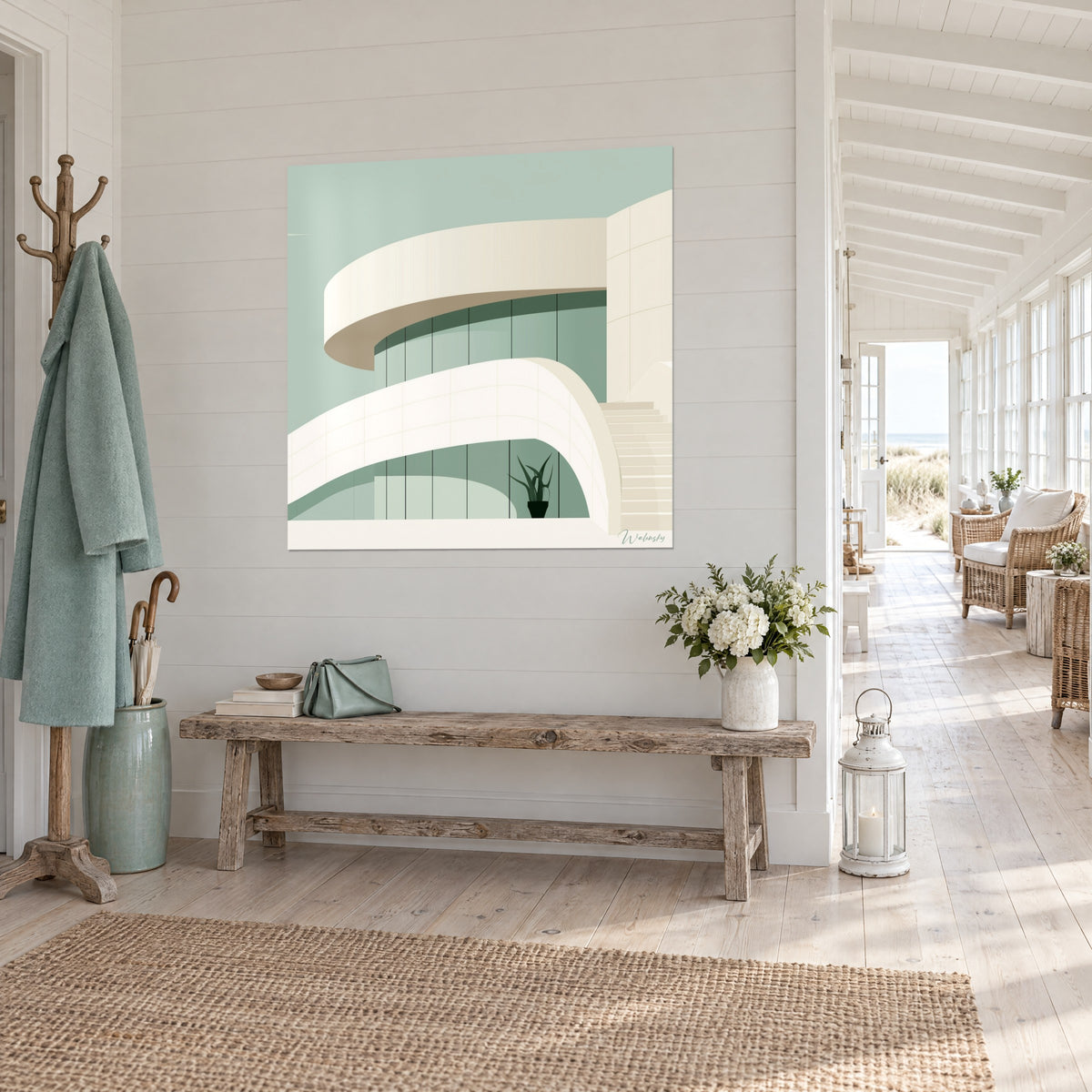 Quadro architettura astratta con balconi bianchi curvi e vetrate verde salvia, vista di tre quarti in un corridoio luminoso aperto sulle dune