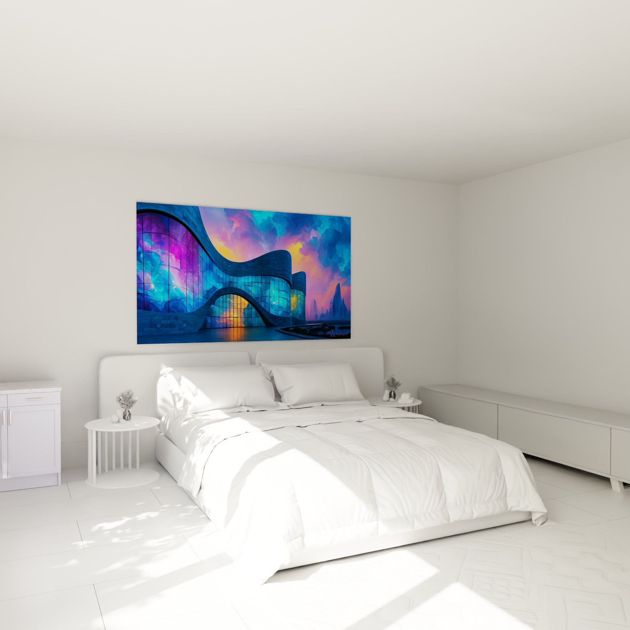 Façade ondulante bleu turquoise et violette au-dessus d'un lit dans une chambre claire