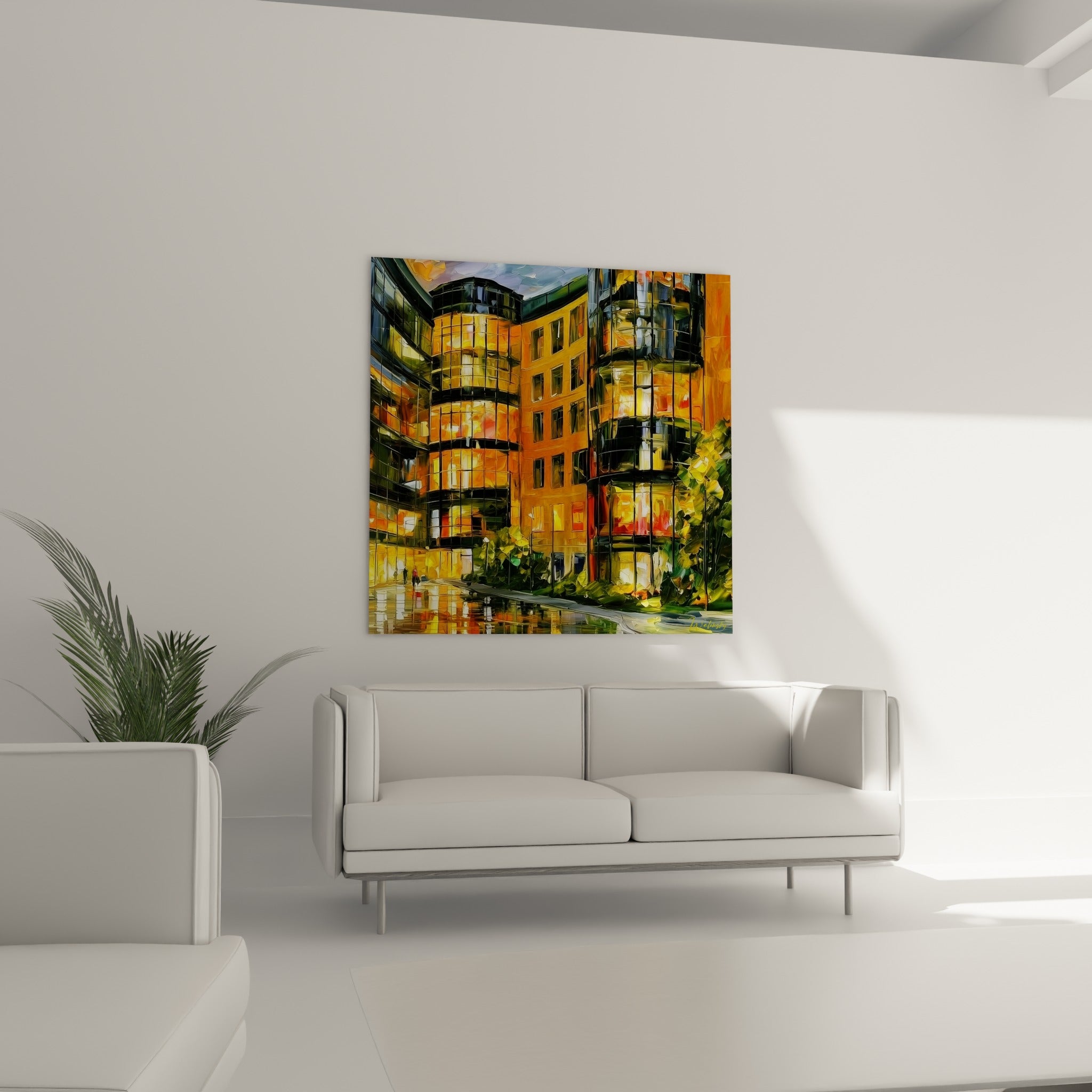 Bâtiments illuminés en orange et anthracite du tableau architecture abstrait, au-dessus d'un canapé dans un salon lumineux