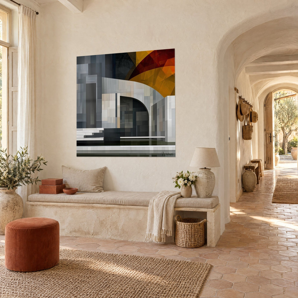 Tableau seuil monumental aux pavés gris et beiges, arche sombre et voile orangé, dans un mas provençal en perspective