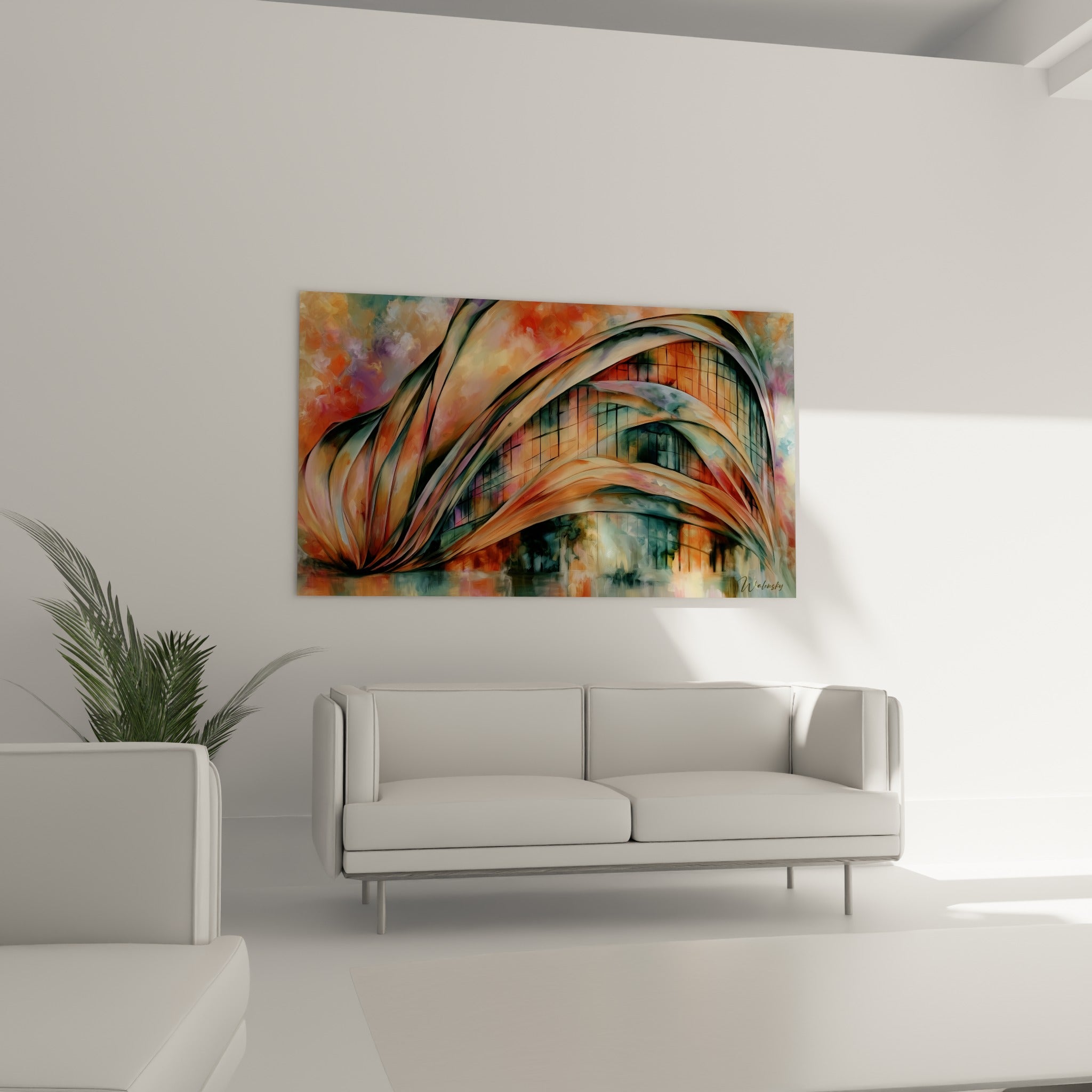 Voiles ondulants terracotta et anthracite de ce tableau architecture abstrait au-dessus d'un canapé dans un salon lumineux