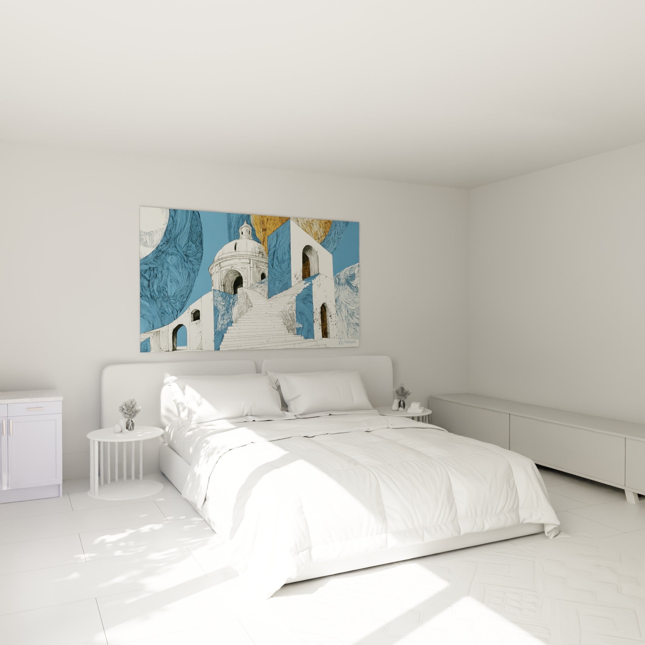 Dôme blanc et vagues bleu marine architecture abstrait au-dessus d'un lit dans une chambre claire
