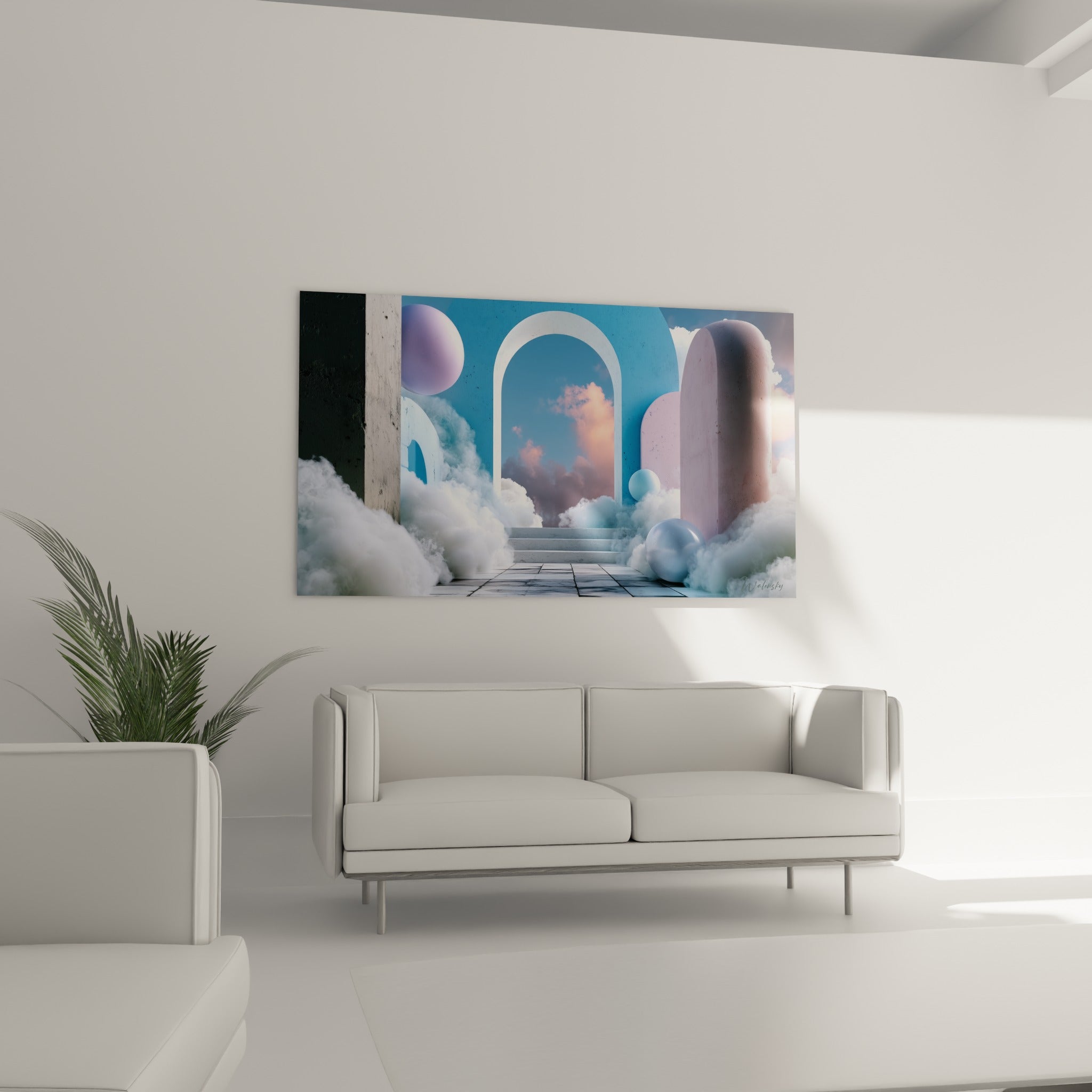 Sculptures pastel roses et bleues émergeant des nuages, au-dessus d'un canapé dans un salon lumineux