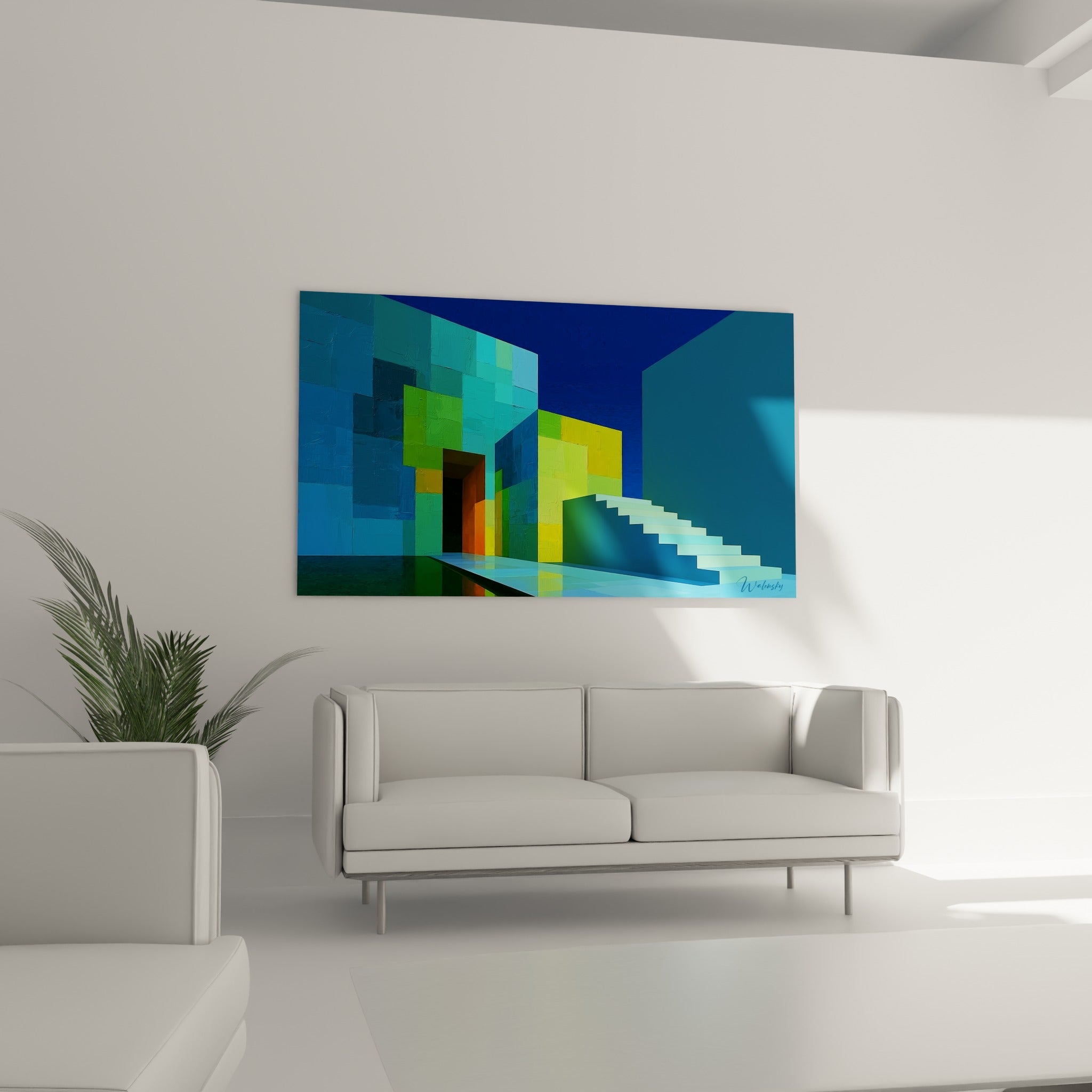Volumes cubiques turquoise et verts d'un tableau architecture abstrait, au-dessus d'un canapé dans un salon lumineux