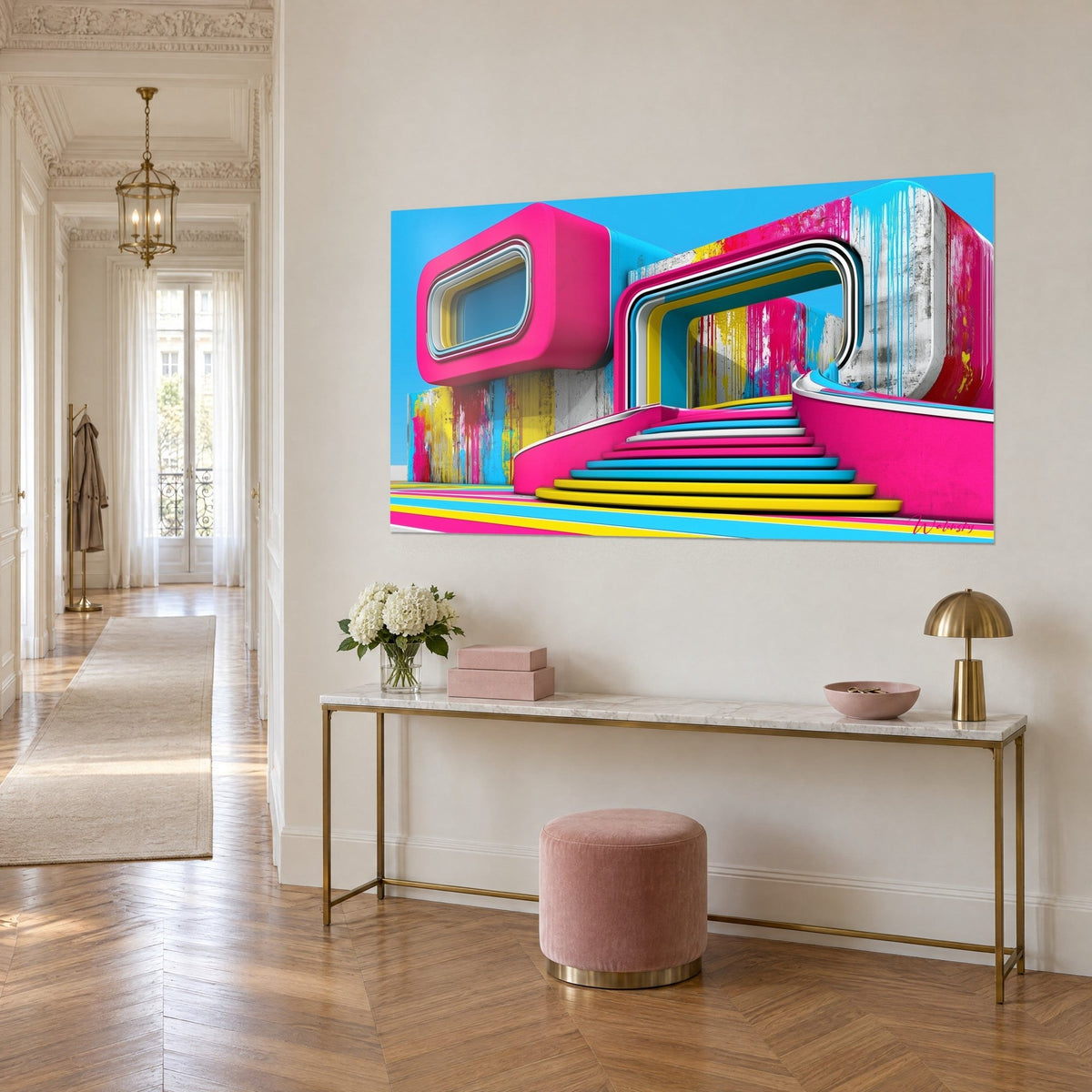 Cuadro escalera con peldaños amarillos y azules, arcos rosas concéntricos y paredes con pintura chorreada, consola blanca estilo haussmanniano