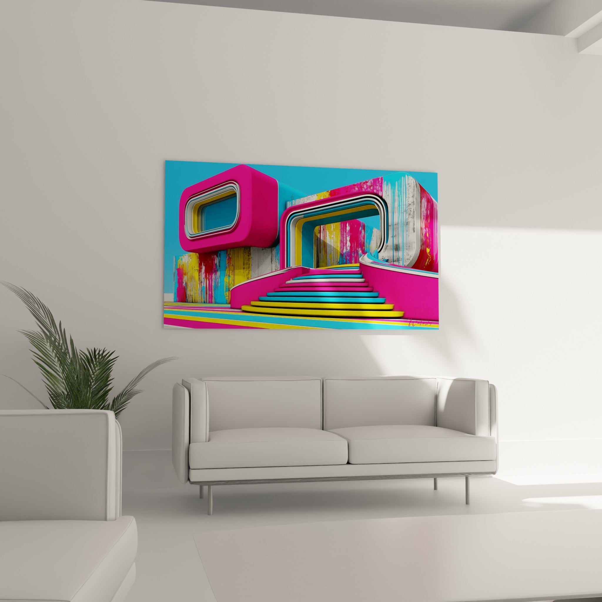 Arches concentriques turquoise et fuchsia de cette architecture abstrait, au-dessus d'un canapé dans un salon lumineux