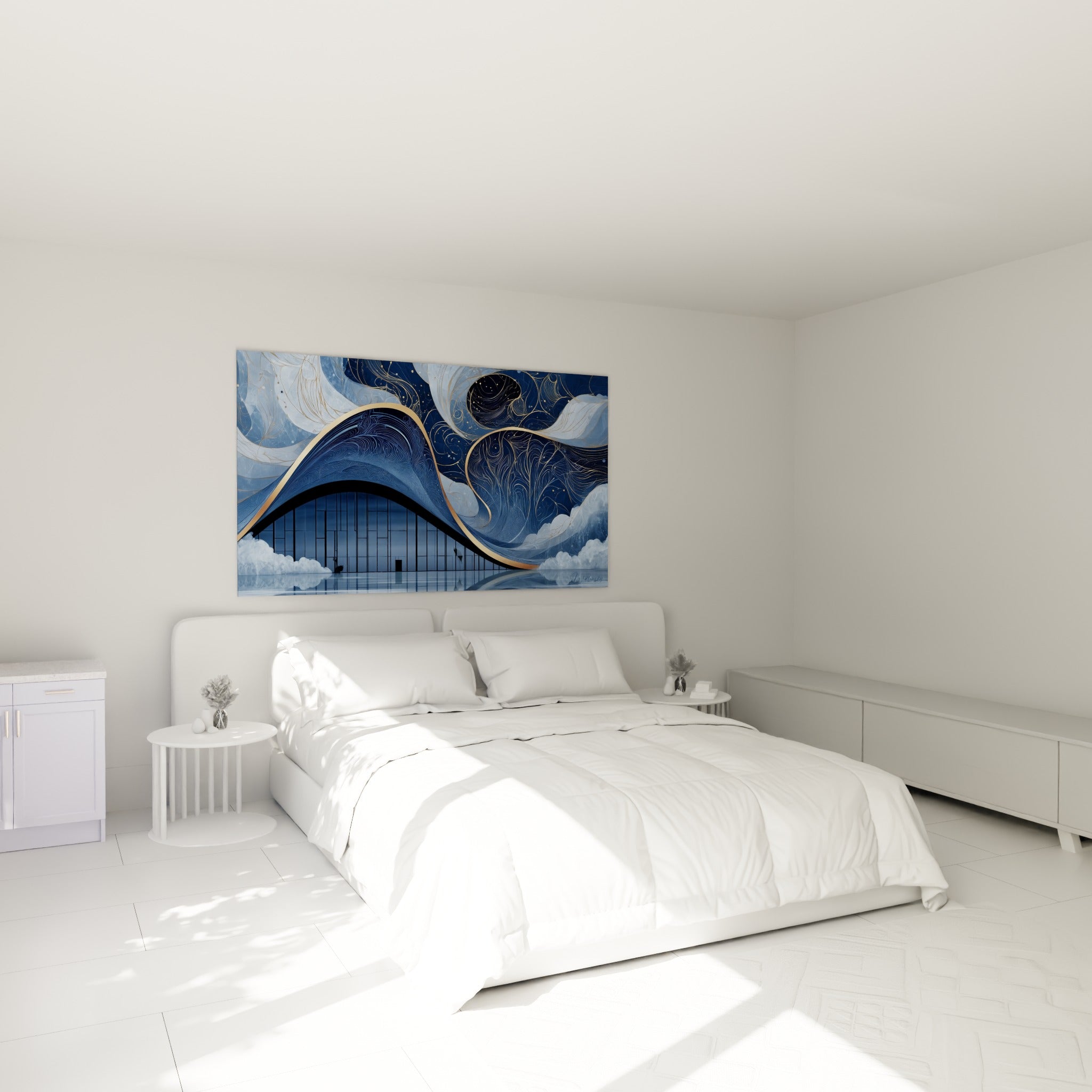 Volutes dorées et bleu nuit de cette architecture abstraite au-dessus d'un lit dans une chambre claire
