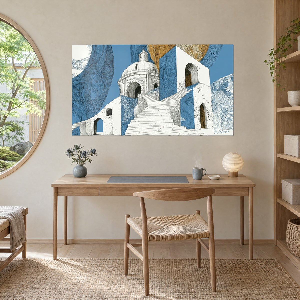Tableau rotonde à dôme et arches sombres, grands volumes bleu denim et jaune ocre en volutes, accroché au-dessus d'un bureau en bois clair