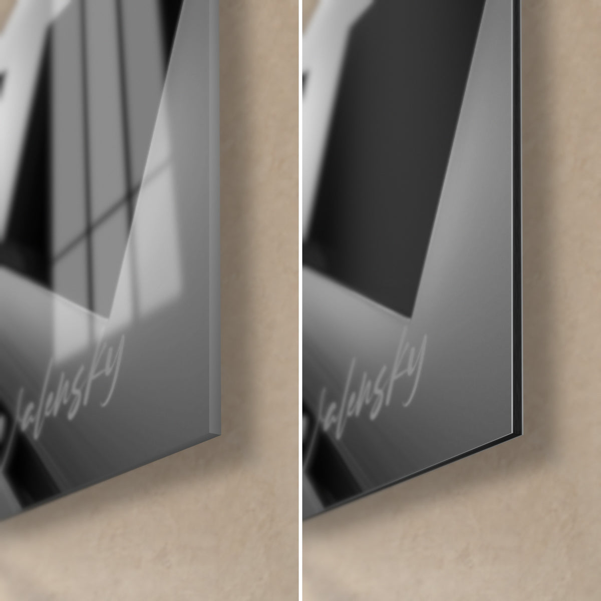 Gemälde schwindelerregende Hochhäuser in Grau und Weiß, untere rechte Ecke aus glänzendem Acrylglas und mattem Dibond-Alu, 3 mm Kante