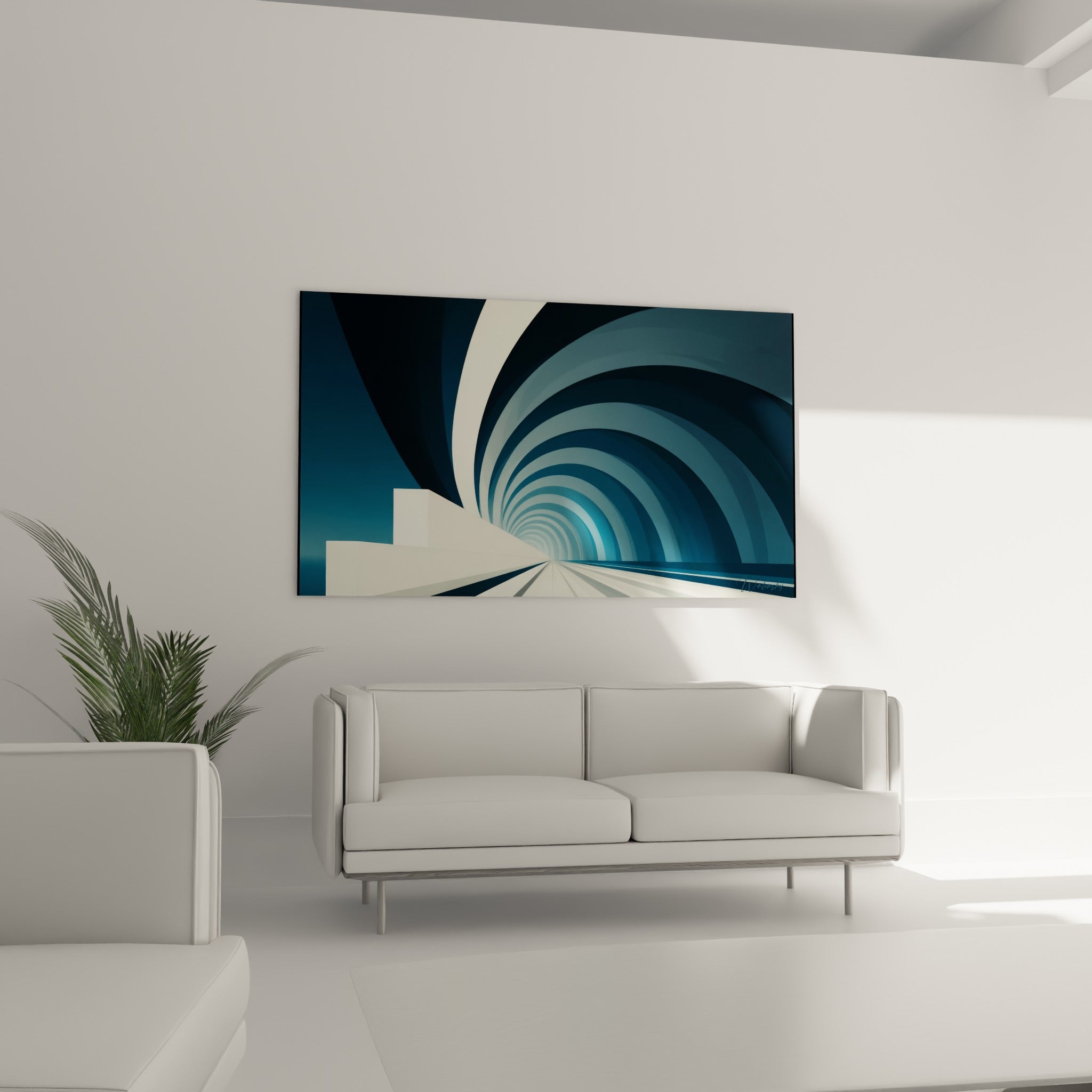 Vortex géométrique bleu pétrole et blanc, tableau architecture abstraite au-dessus d'un canapé dans un salon lumineux