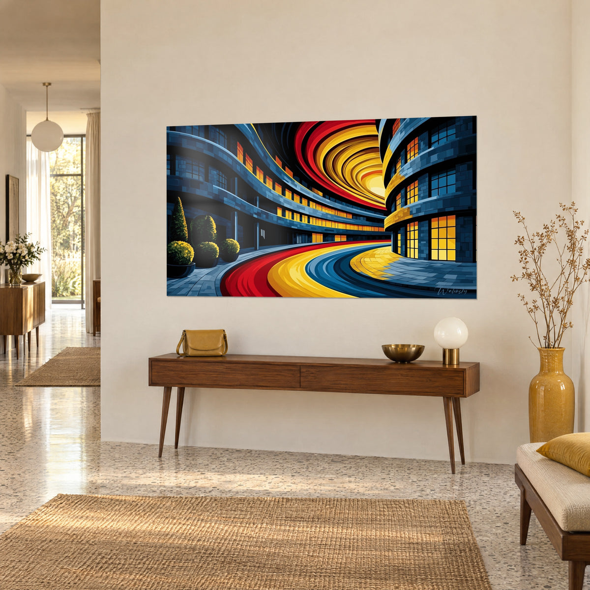 Quadro edificio ad arco, pavimentazione blu acciaio e nastro rosso vivo, finestre ambra, appeso sopra una console in legno
