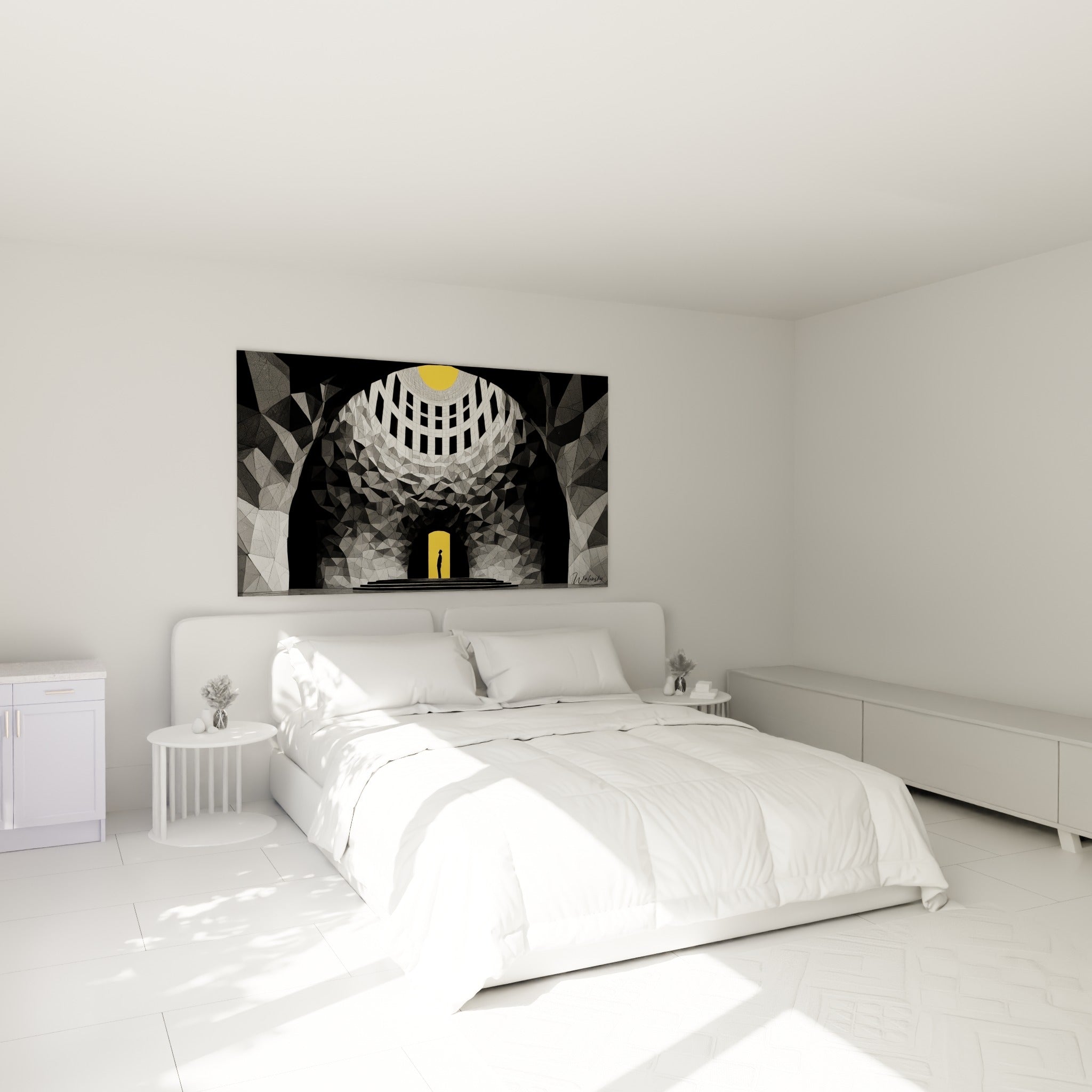 Voûte géométrique grise et jaune ocre du tableau architecture abstrait au-dessus d'un lit dans une chambre claire
