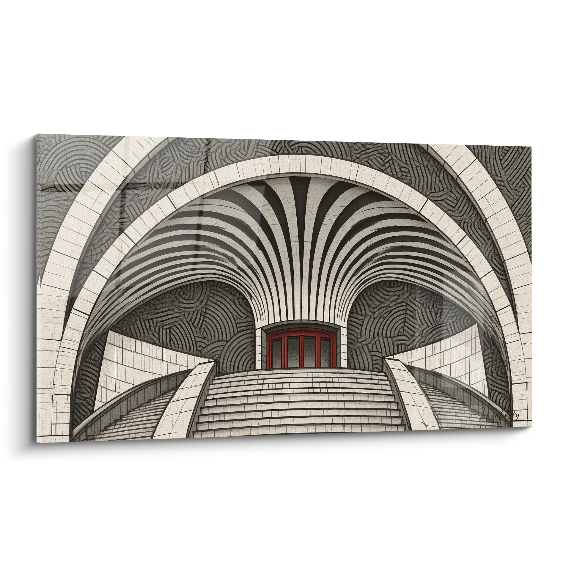 Voûte architecturale anthracite et crème avec porte rouge centrale, tableau architecture abstrait graphique