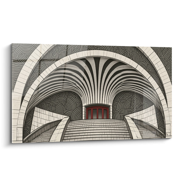 Cuadro Bóveda Marfil y Antracita sobre Ventana Roja - Escaleras Convergentes Simétricas - Edición Arquitectura Abstracta
