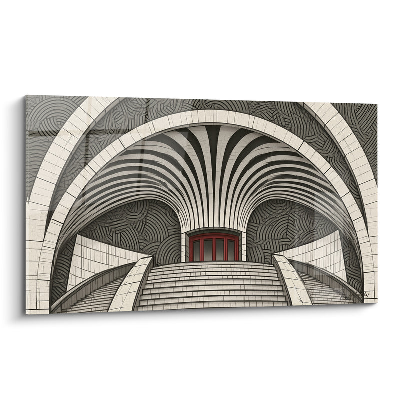 Tableau Voûte ivoire et anthracite sur fenêtre rouge - Escaliers convergents symétriques - Edition Architecture abstrait