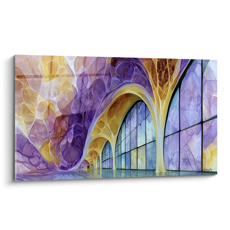 Gemälde Kathedrale mit violetten und goldenen Bogenfenstern - Lichtheiligtum - Architektur Edition abstrakte Kunst