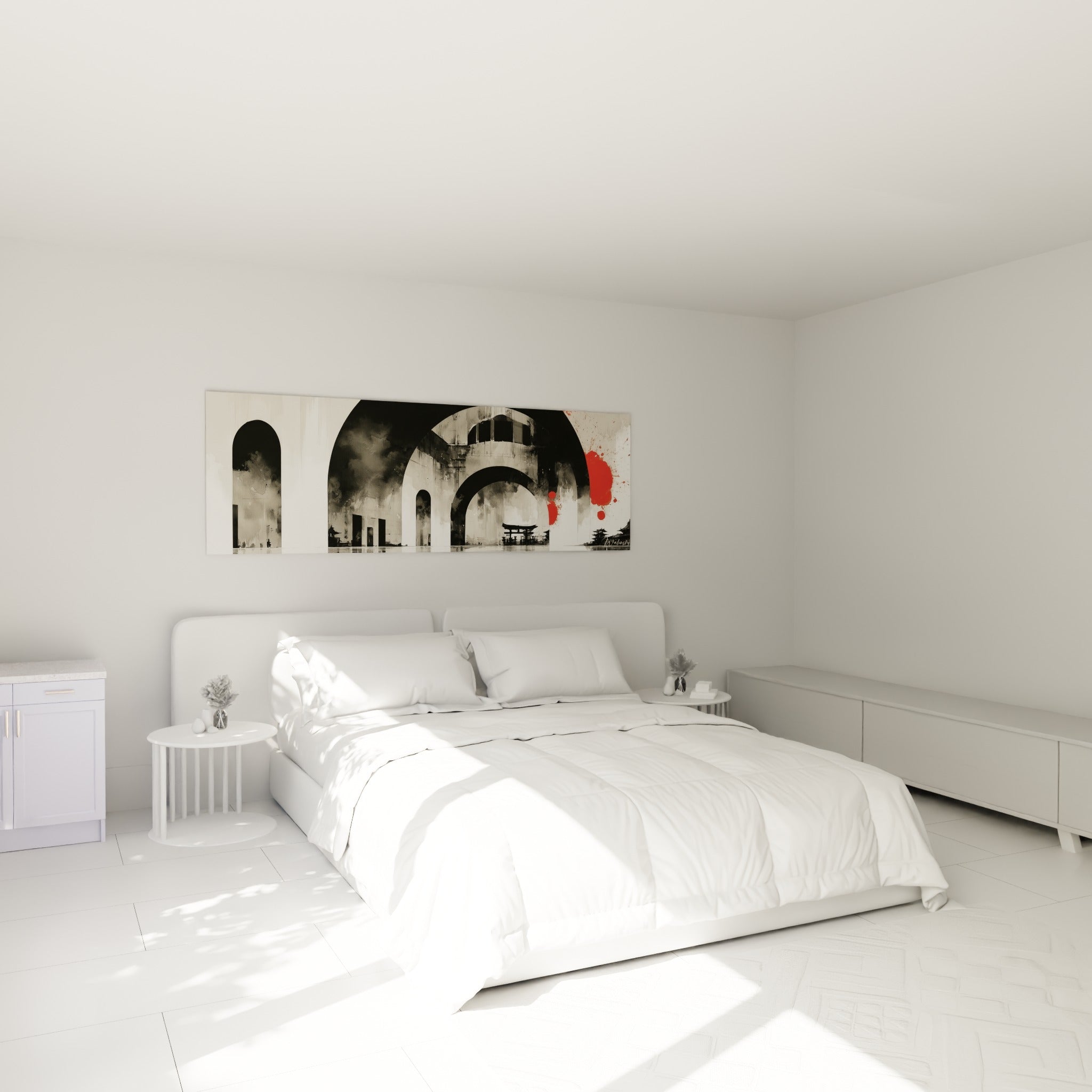 Voûtes grises et blanches ponctuées de rouge, tableau architecture abstrait au-dessus d'un lit dans une chambre claire