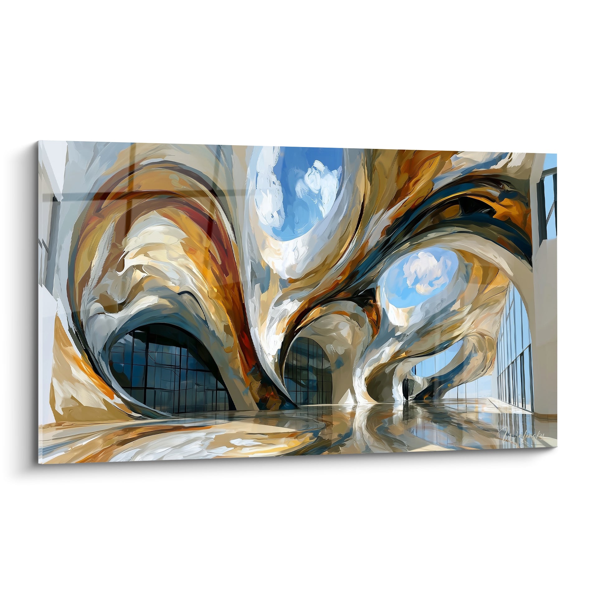 Voûtes architecturales ocre et bleu pastel sculptées en spirale, style pictural gestuel sur toile