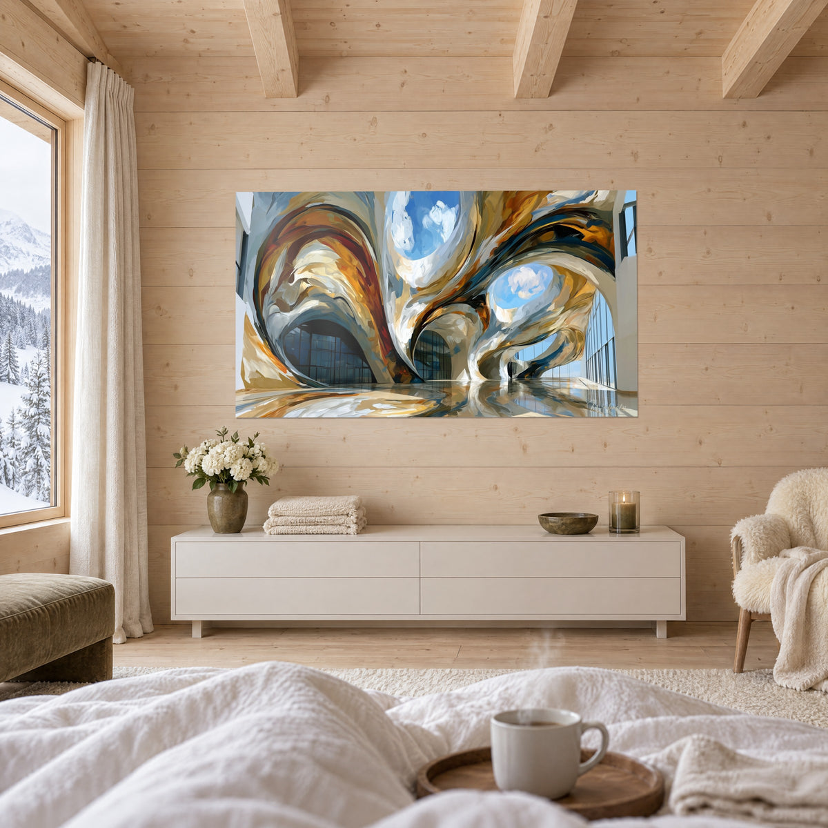 Tableau coulées de pigment ocre et bleu, ouvertures sur le ciel, dessus d'un buffet blanc, au-dessus d'un lit dans une chambre claire